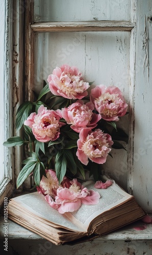 Beautiful pink peonies arranged artistically beside an open book on a rustic ...