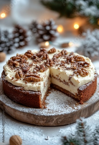 Festive walnut loaf cake with cream filling displayed on a wooden board durin...