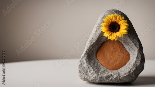 A tight shot of a rock formation displaying a yellow mark in its center and a brown mark occupying the heart. photo