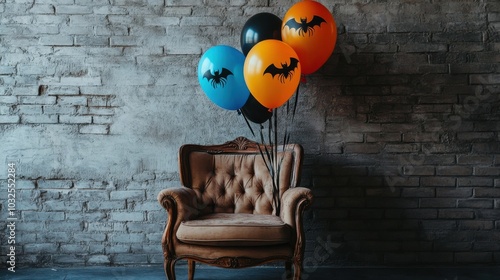 Colorful balloons with spider and bat decals near a vintage armchair, set by a grey brick wall, adding a spooky Halloween charm. photo