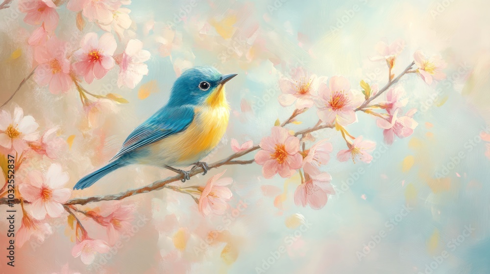 A vibrant blue bird perched on a cherry blossom branch, surrounded by a soft, dreamy background. A vibrant blue bird perched on a cherry blossom branch, surrounded by a soft, dreamy background.
