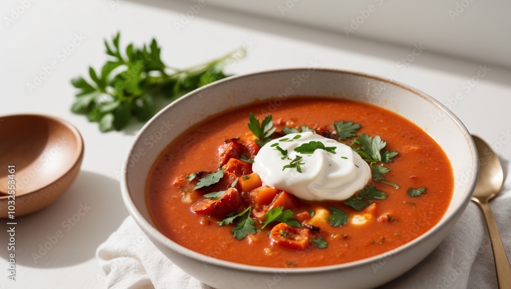 Creamy Roasted Tomato Soup Garnished with Fresh Herbs and Sour Cream, Perfect for Autumn. Creamy Roasted Tomato Soup Garnished with Fresh Herbs and Sour Cream, Perfect for Autumn.