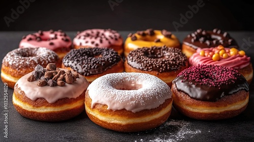 Colorful assortment of decorated donuts.