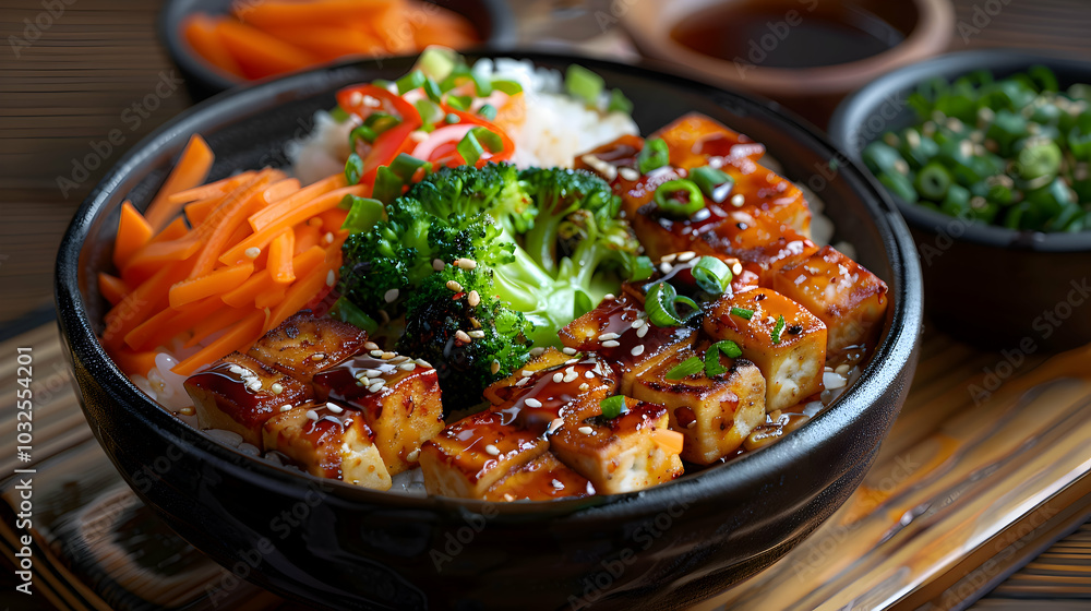 Vegetarian teriyaki with tofu, broccoli, and carrots Vegetarian teriyaki with tofu, broccoli, and carrots