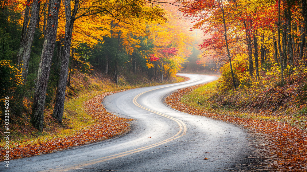 Winding Road Through Autumn Forest with Yellow and Red Leaves Winding Road Through Autumn Forest with Yellow and Red Leaves