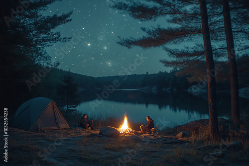 Enjoying a cozy campfire by the lake under the starlit sky after hiking photo