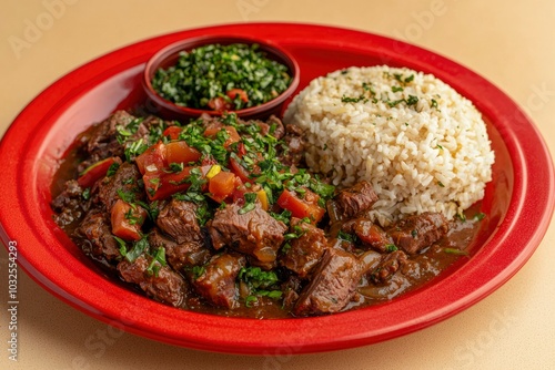 Beef Stew with Rice and Parsley Garnish Served on a Red Plate