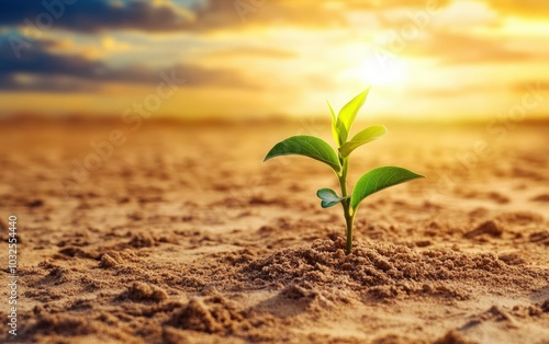 a young green plant sprouted from the sand in the desert professional stock photo 