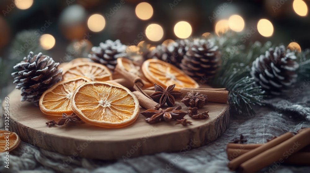 Wooden cutting board with oranges and star anise Wooden cutting board with oranges and star anise