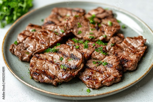 Grilled Steak Slices with Green Garnish on a Plate