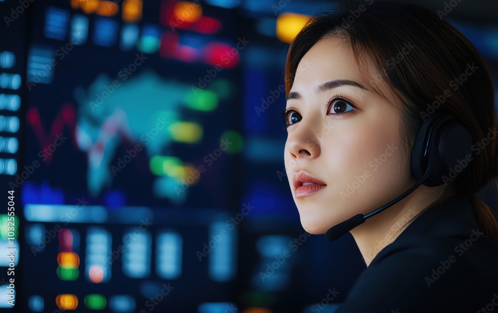 Focused woman in headset analyzing financial data on digital screen. Focused woman in headset analyzing financial data on digital screen.