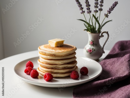 A stack of pancakes with butter and raspberries on a plate next to lavender flowers and a purple cloth. photo