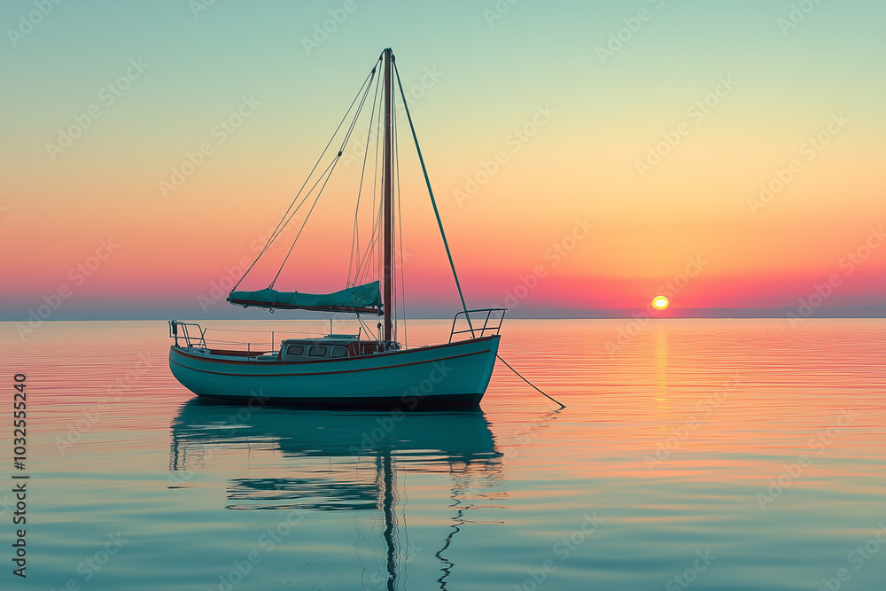 A peaceful evening with a solitary sailboat gliding across the tranquil teal waters at sunset, capturing nature's serene beauty A peaceful evening with a solitary sailboat gliding across the tranquil teal waters at sunset, capturing nature's serene beauty
