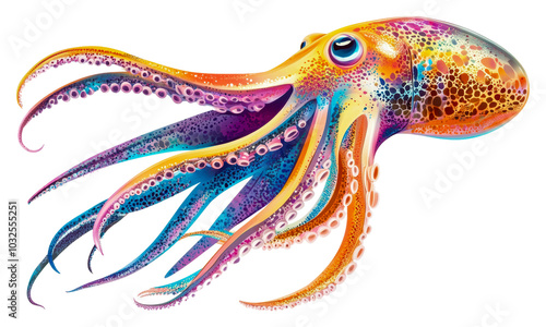 Vibrant octopus in a colorful ocean isolated on transparent background