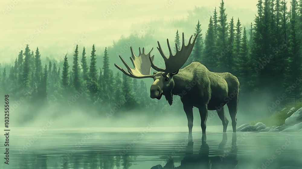 Moose in a Misty Forest by a Lake. Moose in a Misty Forest by a Lake.