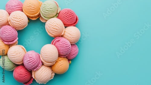 A colorful ice cream wreath made of ice cream balls