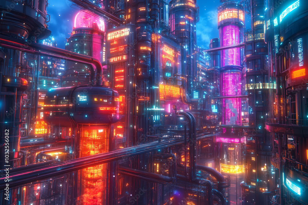 Fototapeta premium Vibrant urban collaboration in a futuristic neon cityscape at dusk