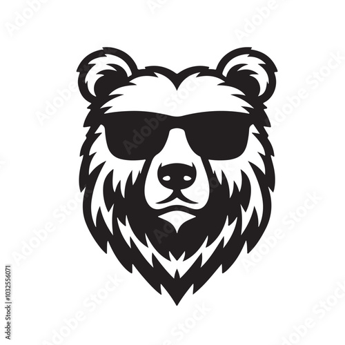 A black and white vector illustration of a bear's head wearing sunglasses.eps