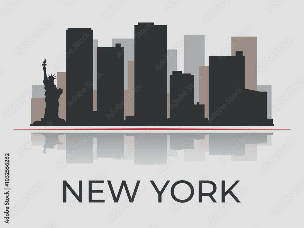 Naklejka premium Silhouette of New York city skyline with reflection in the water, emphasized by red line. Vector on a gray background