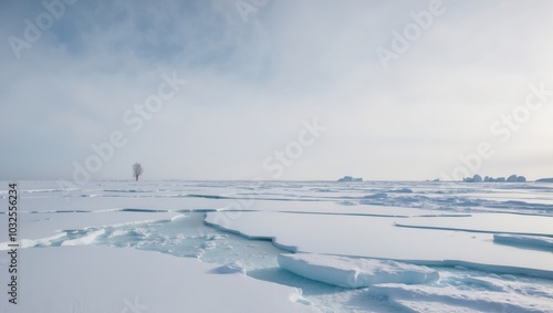 Icy winter landscape with frozen snow and ice.