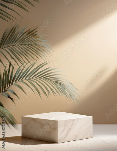 empty room with shadow plant on beige wall, empty brown marble stone counter table top with shadow , beige brown stucco cement luxury wall for product display presentation photo