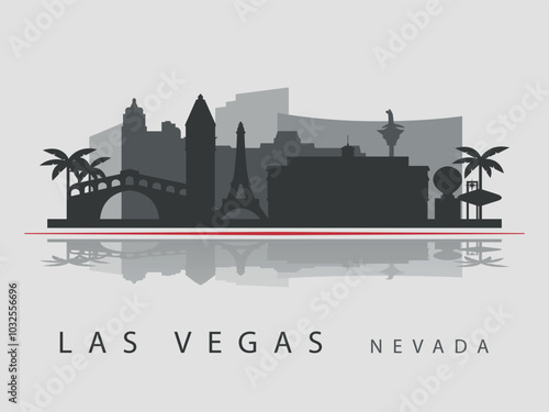 Black silhouette of Las Vegas city skyline with reflection in the water. Silhouettes of buildings. Vector on a gray background