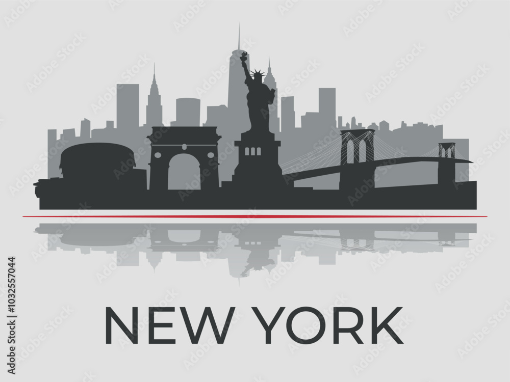 Naklejka premium Black silhouette of New York city skyline with reflection in the water, emphasized by red line. Vector on a gray background
