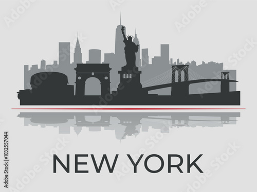 Black silhouette of New York city skyline with reflection in the water, emphasized by red line. Vector on a gray background