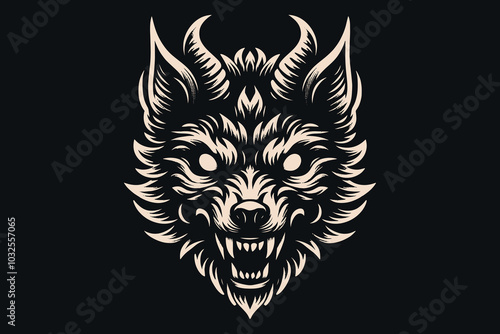 Evil wolf head. Demonic horned beast from hell. Vector illustration, emblem, contour drawing, tattoo sketch