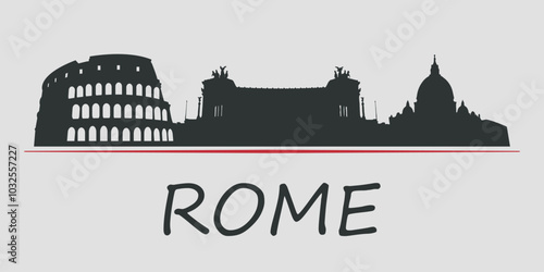 Black silhouette of city skyline in Rome, Italy, emphasized by red line with text. Vector on a gray background