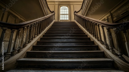 Symmetrical lines of a grand staircase in a historic mansion, showcasing elegance