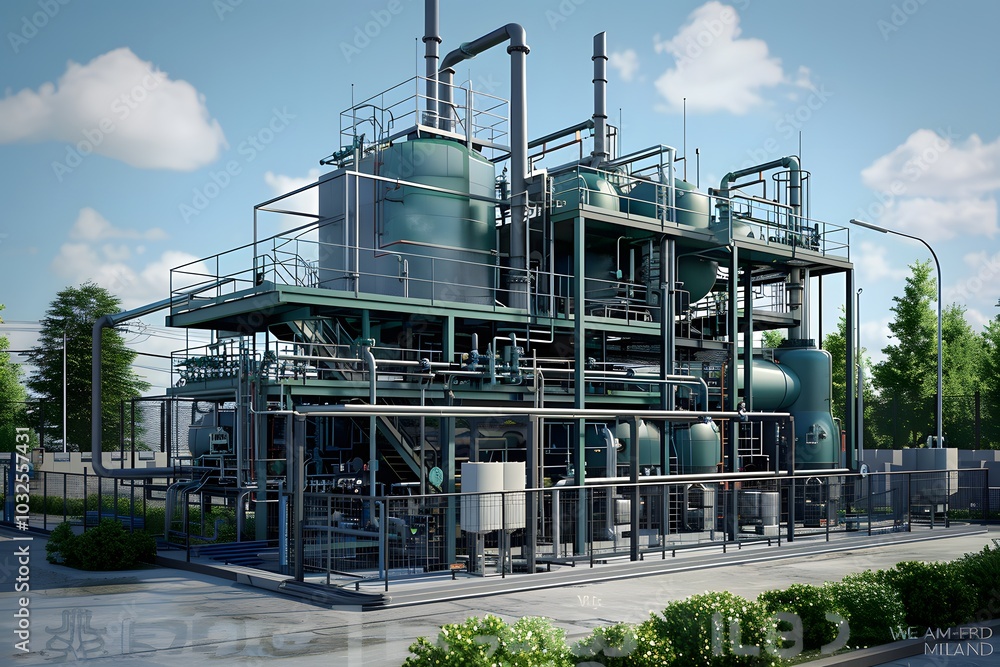 Modern Industrial Facility with Complex Machinery and Greenery Modern Industrial Facility with Complex Machinery and Greenery