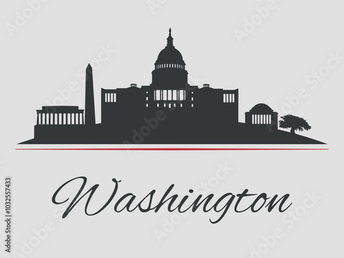 Black silhouette of Washington city skyline, emphasized by red line with text. Vector on a gray background