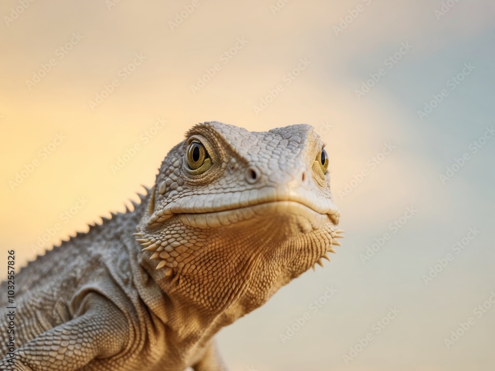 Fototapeta premium A lizard's face in sharp focus Background softly blurred Yellow sky backdrop.