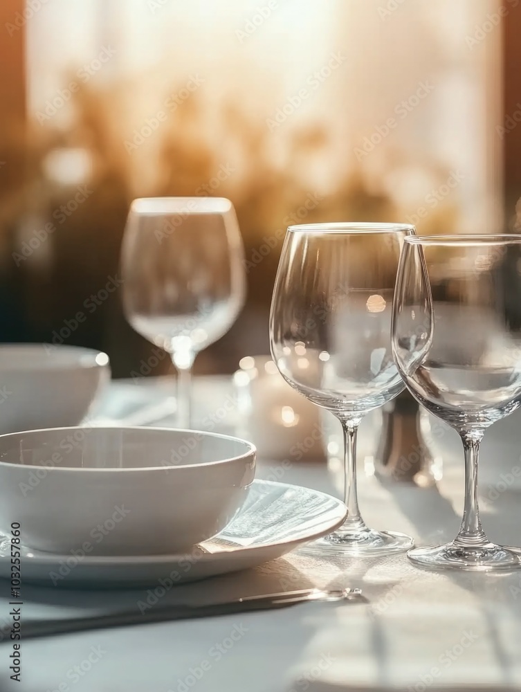 Table setting with wine glasses and dinnerware Table setting with wine glasses and dinnerware