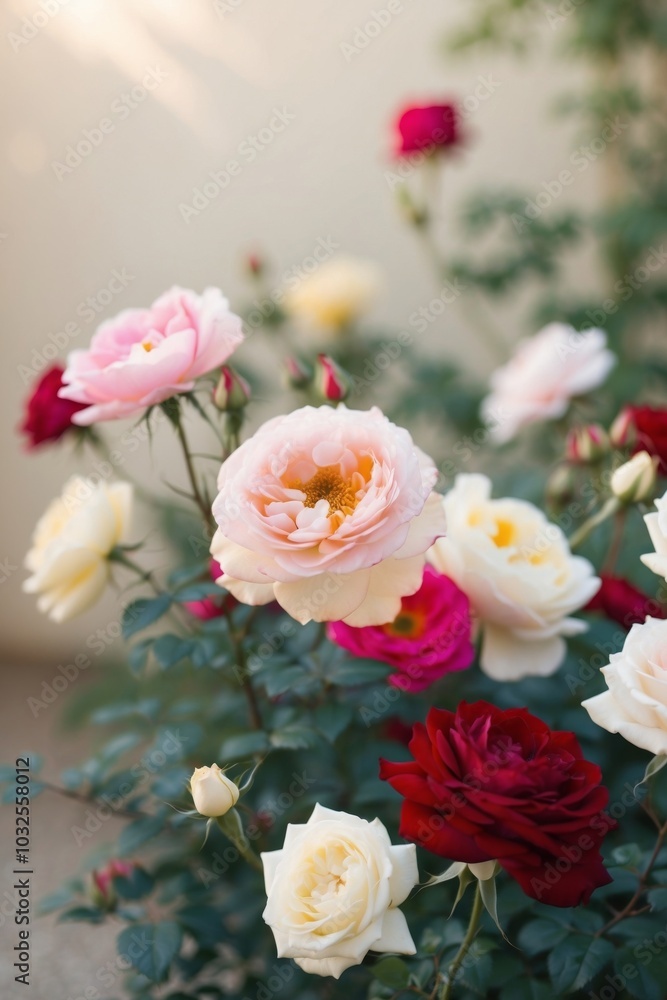 Fototapeta premium Colorful Blooming Roses in Garden Setting.