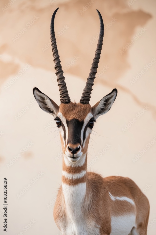 Fototapeta premium A tight shot of a small antelope with elongated horns atop its head gazes into the camera.