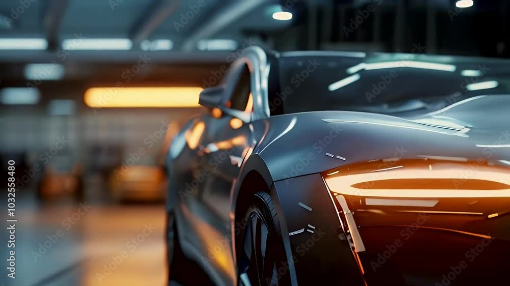 A close-up view of a sleek, black sports car's side and tire. The car is parked in a garage with a yellow glow. A close-up view of a sleek, black sports car's side and tire. The car is parked in a garage with a yellow glow.