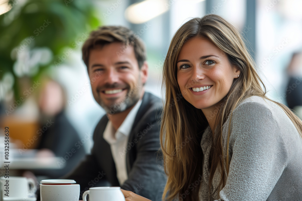 Smiling colleagues enjoying a coffee break together in a modern office setting Smiling colleagues enjoying a coffee break together in a modern office setting