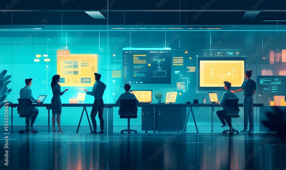 Office workers analyzing data on monitors. Office workers analyzing data on monitors.