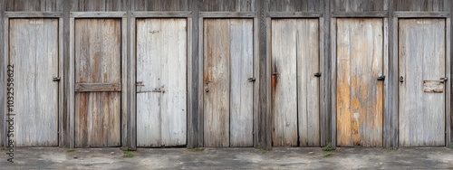 Weathered wooden doors lined in a row, showcasing rustic charm and a timeless aesthetic in a quaint setting. photo