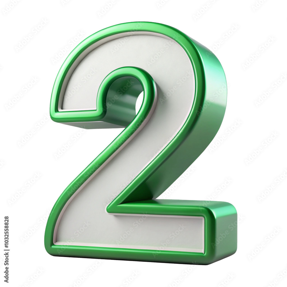 Green number 2 isolated on a transparent background, 3D metallic style number Green number 2 isolated on a transparent background, 3D metallic style number