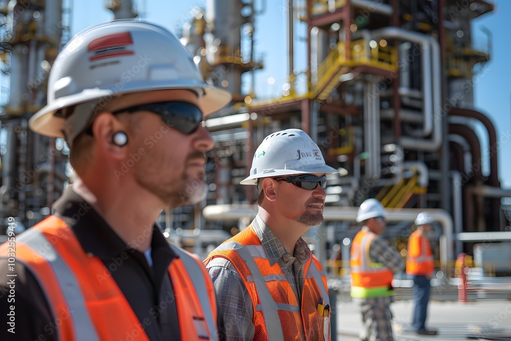 Safety First: Workers in Protective Gear at an Industrial Facility Safety First: Workers in Protective Gear at an Industrial Facility