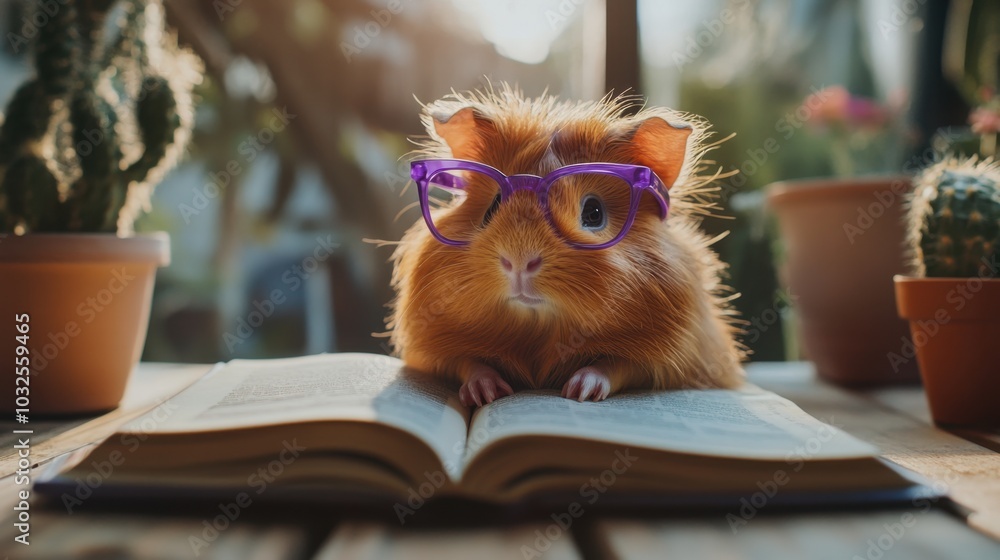 Guinea pig wearing purple glasses sitting in front of an open book on a wooden table, outdoor lighting Guinea pig wearing purple glasses sitting in front of an open book on a wooden table, outdoor lighting