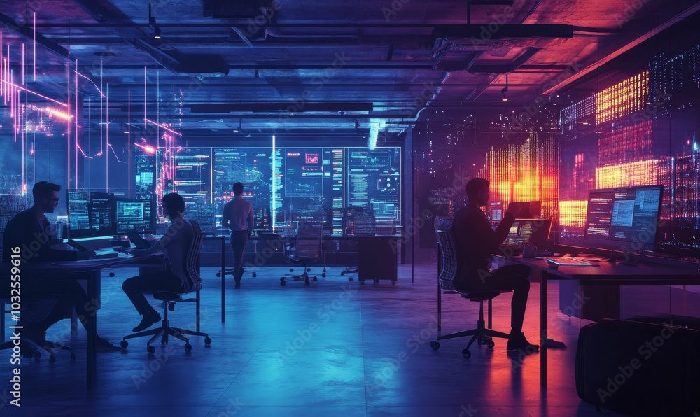 Cyberpunk office with people working at desks. Cyberpunk office with people working at desks.