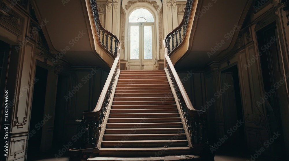 Symmetrical lines of a grand staircase in a historic mansion, showcasing elegance Symmetrical lines of a grand staircase in a historic mansion, showcasing elegance