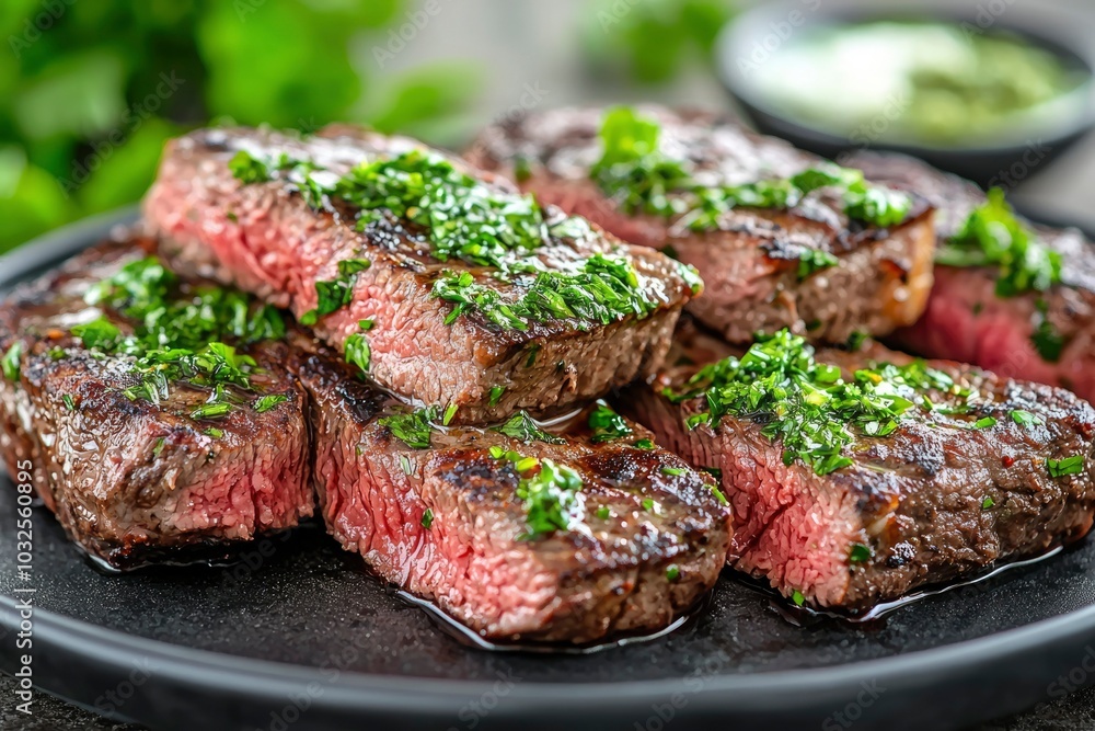 Grilled Steak with Herb Garnish on a Black Plate Grilled Steak with Herb Garnish on a Black Plate