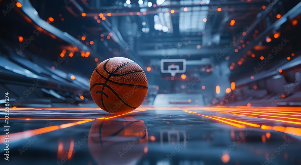 A basketball rolling on a playing court with bright light effects and orange lines on a professional court in an abstract style. Reflected on the shiny floor with the scoreboard in the background. A basketball rolling on a playing court with bright light effects and orange lines on a professional court in an abstract style. Reflected on the shiny floor with the scoreboard in the background.