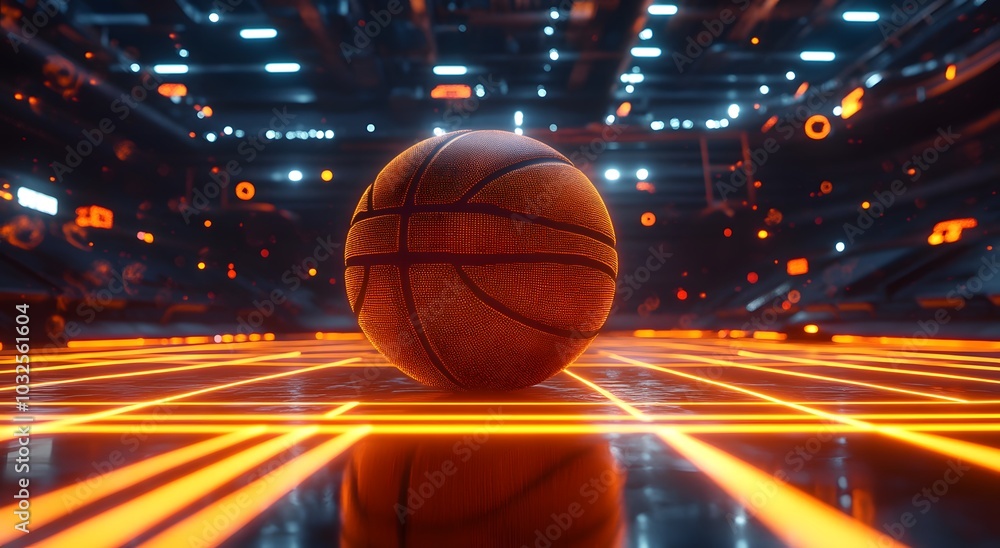 Obraz premium A basketball rolling on a playing court with bright light effects and orange lines on a professional court in an abstract style. Reflected on the shiny floor with the scoreboard in the background.