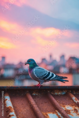 Pigeon on Rooftop in Morning with Beautiful Scenery. photo